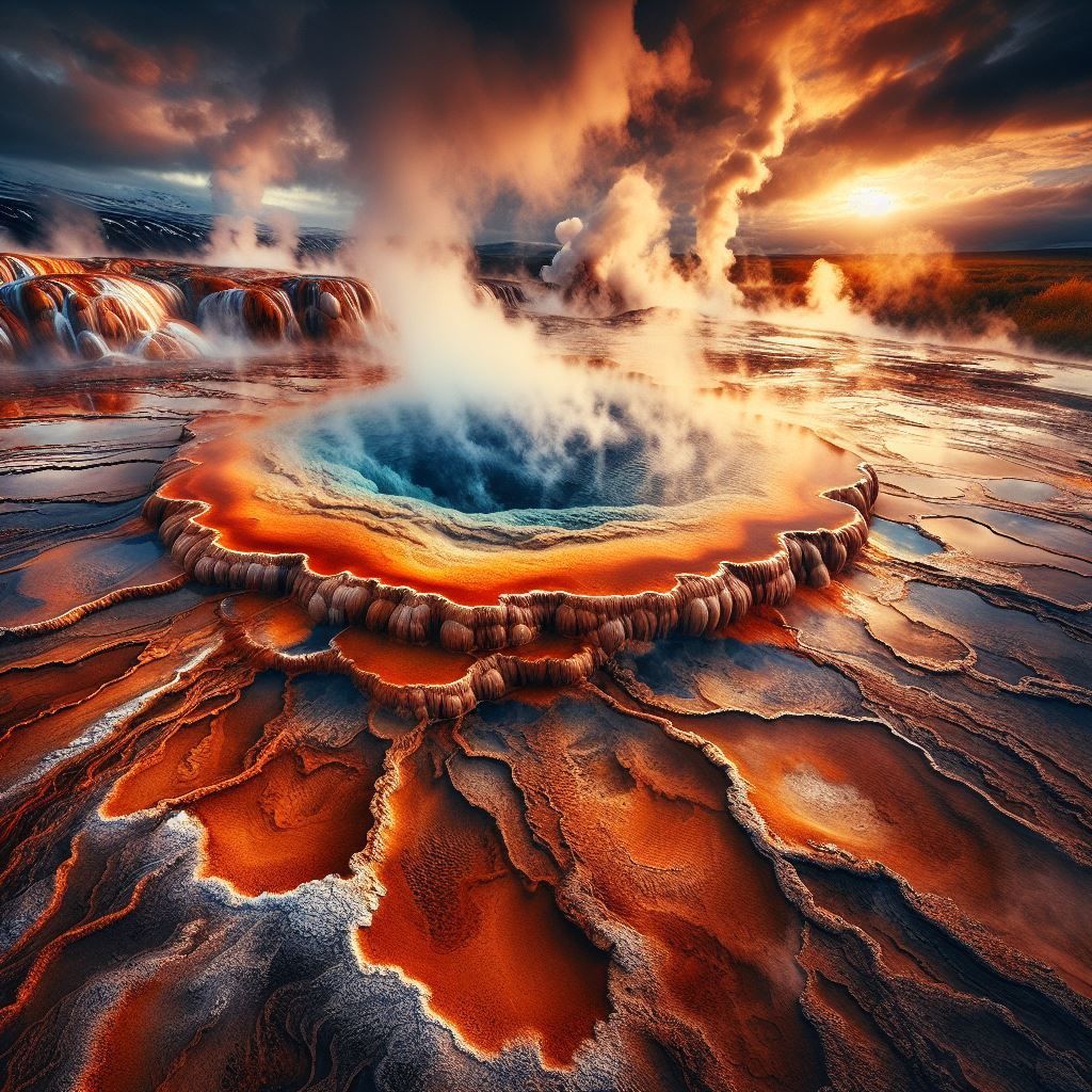 a volcanic area with hot springs and geysers