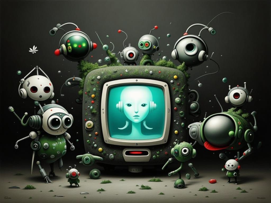 A gathering of small robots around an old avatar