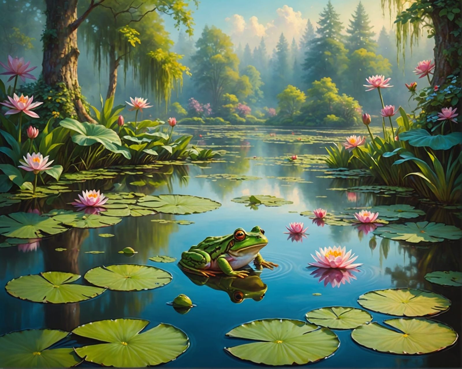 Pond with water lillies. small frog on lilly leaf.