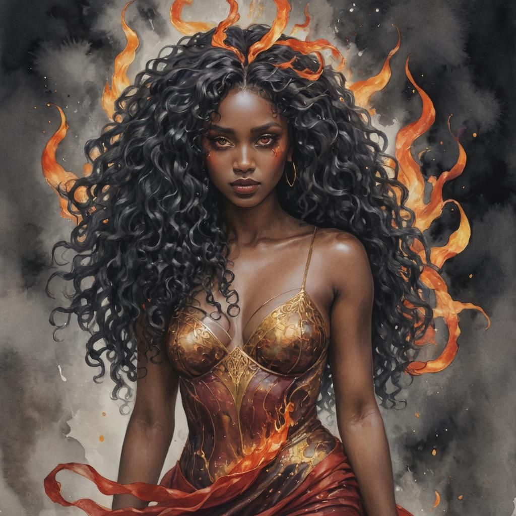 Watercolor interpretation featuring a half-goddess of fire c...