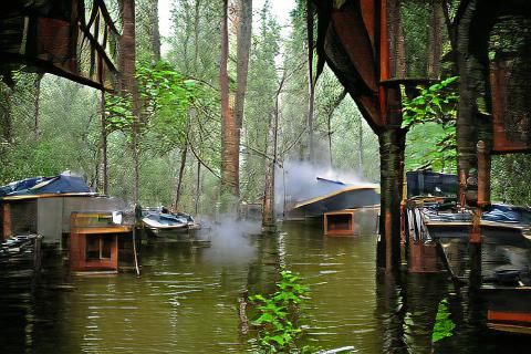 cabin deep in the wet forest it steamy hot and there is a moving the river coving the boats that are docked