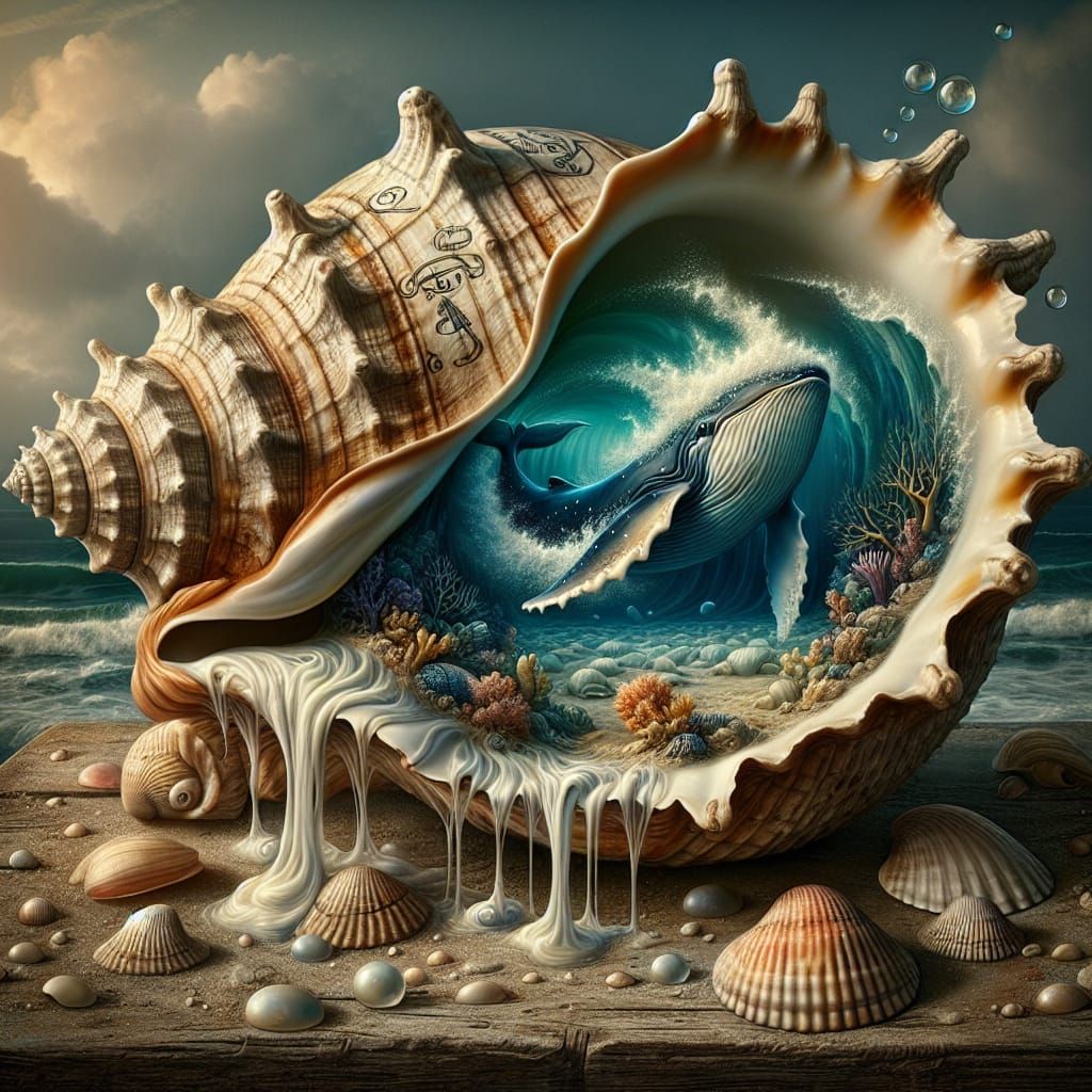 hyperdetailed fantasy art of Close-up antique seashell, its interior revealing a miniature underwater ...  by @Kindly Offer