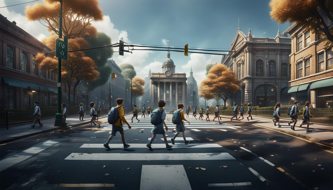 school children crossing pedestrian crossing going to school