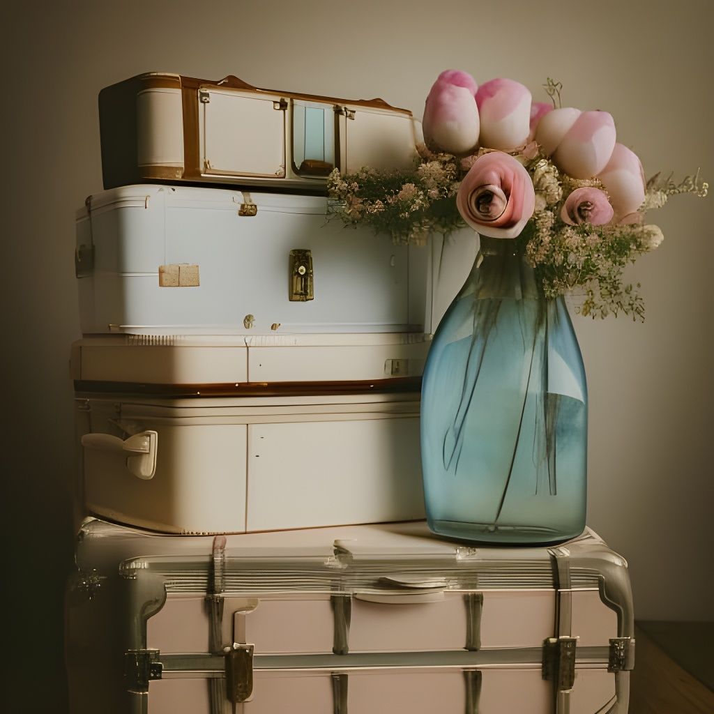 stacks of Beautiful vintage pastel-coloured suitcases, flowe...