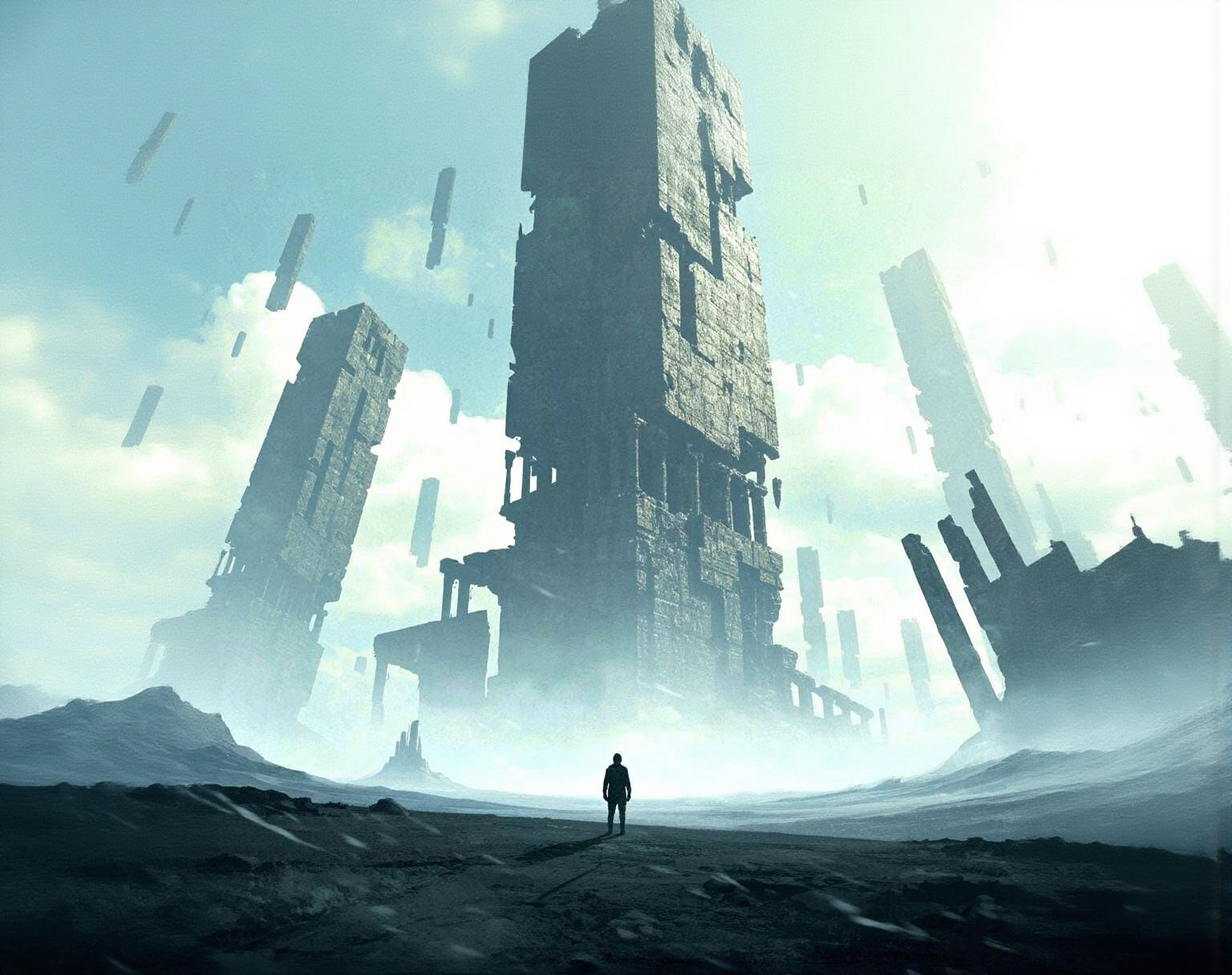 A solitary figure stands on a desolate, windswept plain under a sky filled with colossal, ancient ruins. The figure is small against the imm...