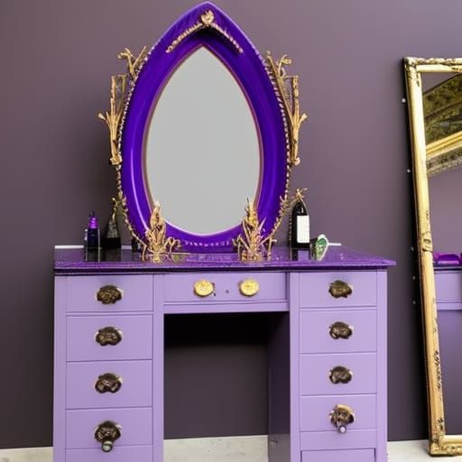 Ethereal Vibrant Purple Gothic Vanity Table With Huge Gothic Mirror