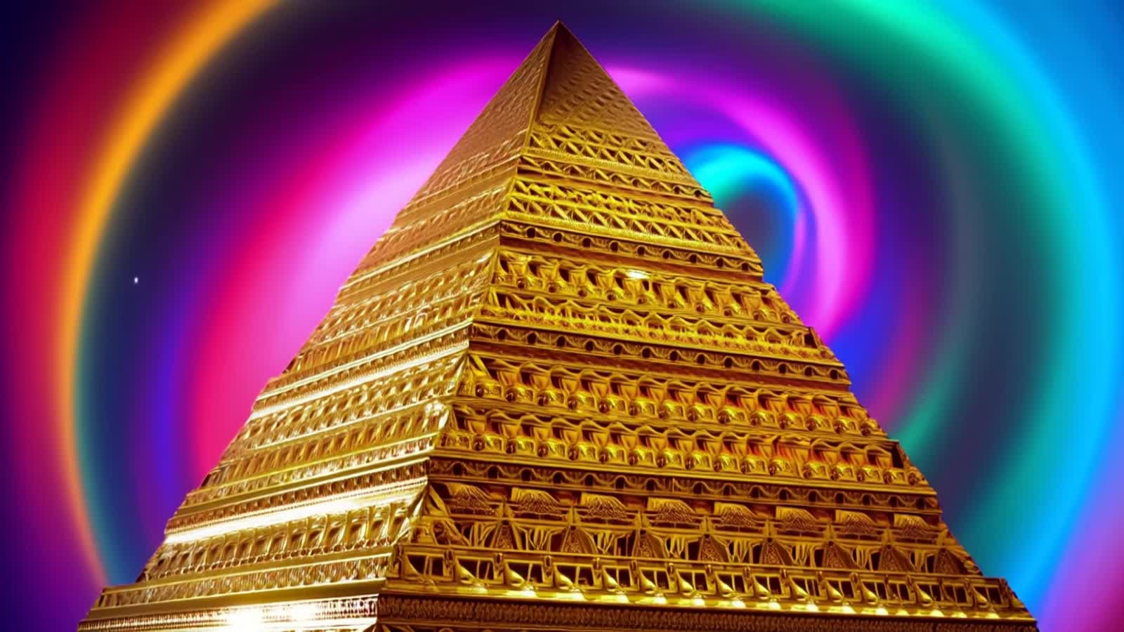 Hyperrealistic portrait of a beautiful pyramid's intricately detailed, colorful, golden, futuristic atmosphere
