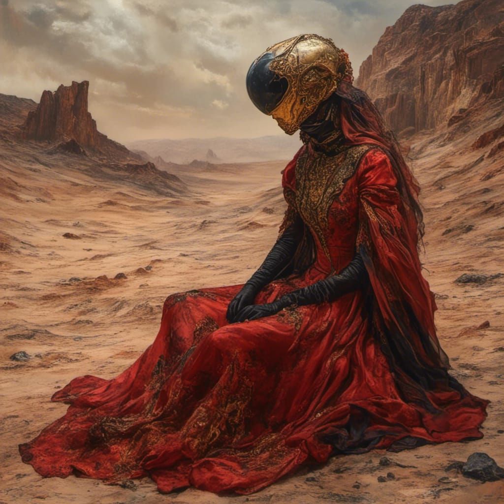 <lora:Mars Masquerade:1.0>
Woman wearing a helmet with a black visor and a red gold embroidered dress sitting on the ground in the desert on...