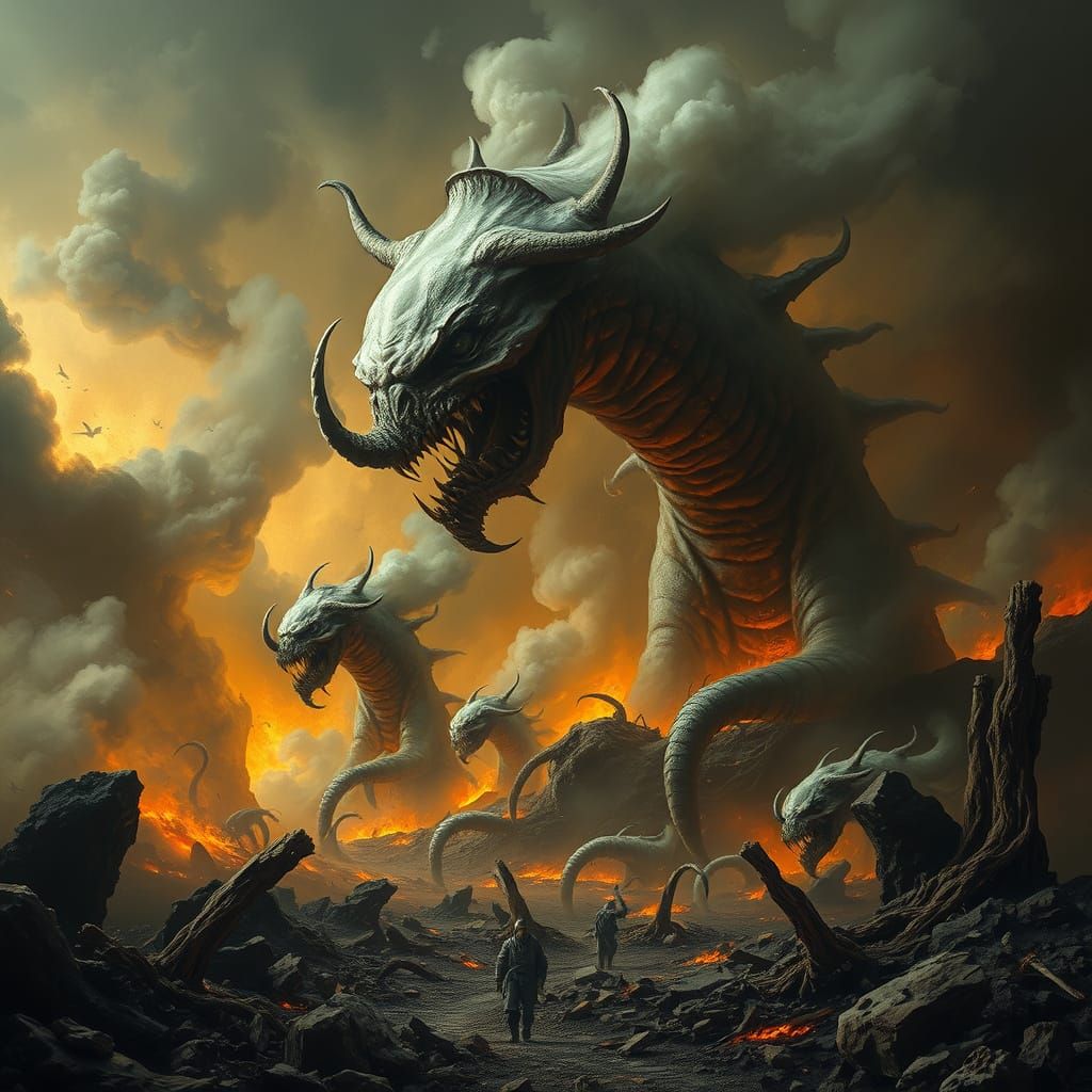 Infernal Landscape with Grotesque Creatures, Photo... - AI Art