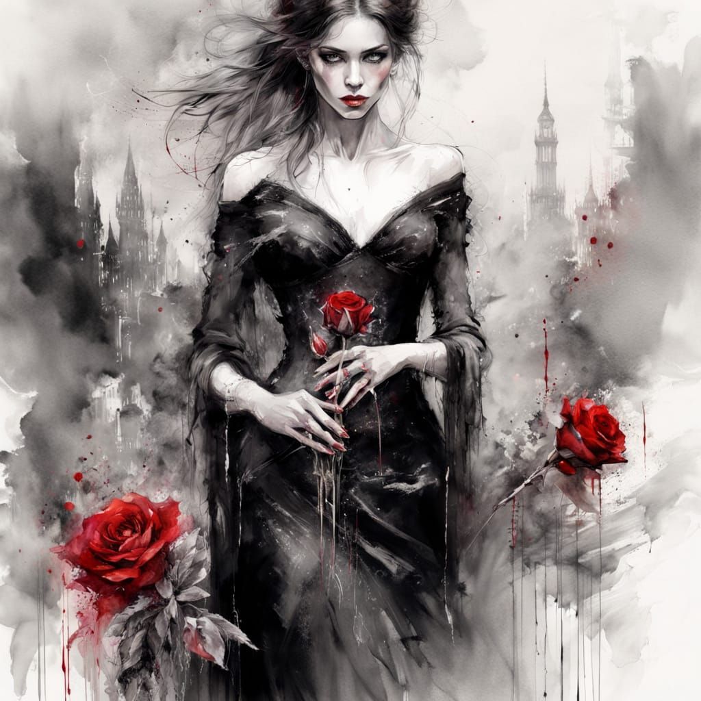long view. A beautiful goth woman wearing a long black dress holding a red rose.   by @Zs Art Collection