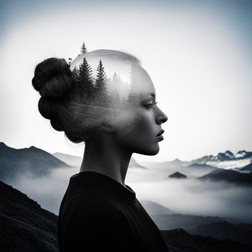 Double exposure film photo, portrait of a lady, silhouette, mountains and trees  by @g r r c