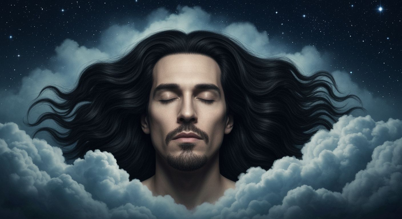 Photorealistic, professional, mysterious light
A celestial depiction of Morpheus, a man with dark, voluminous wavy hair flowing around his h...