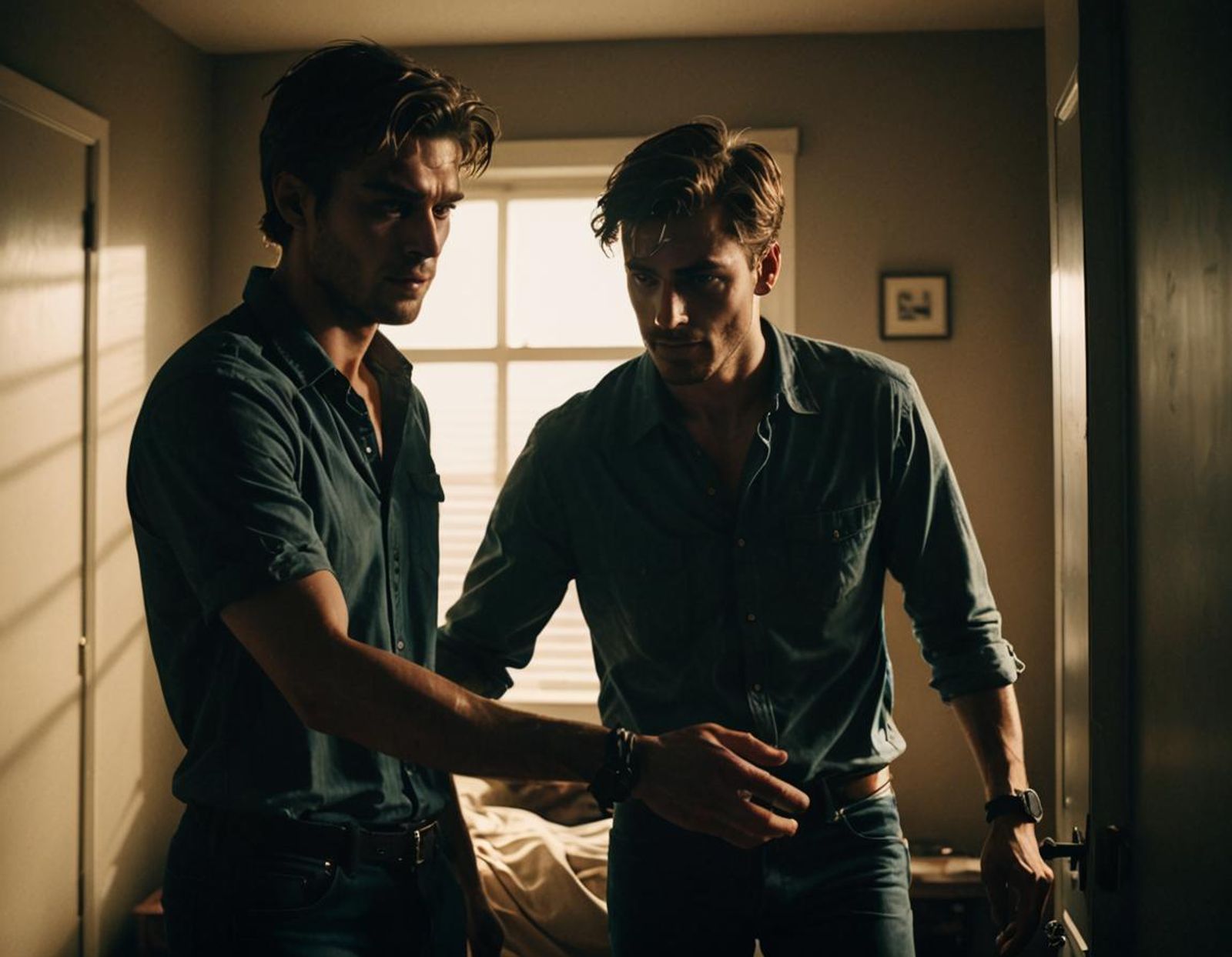 young man pulls the arm of another young man to force to enter the bedroom AI Generated