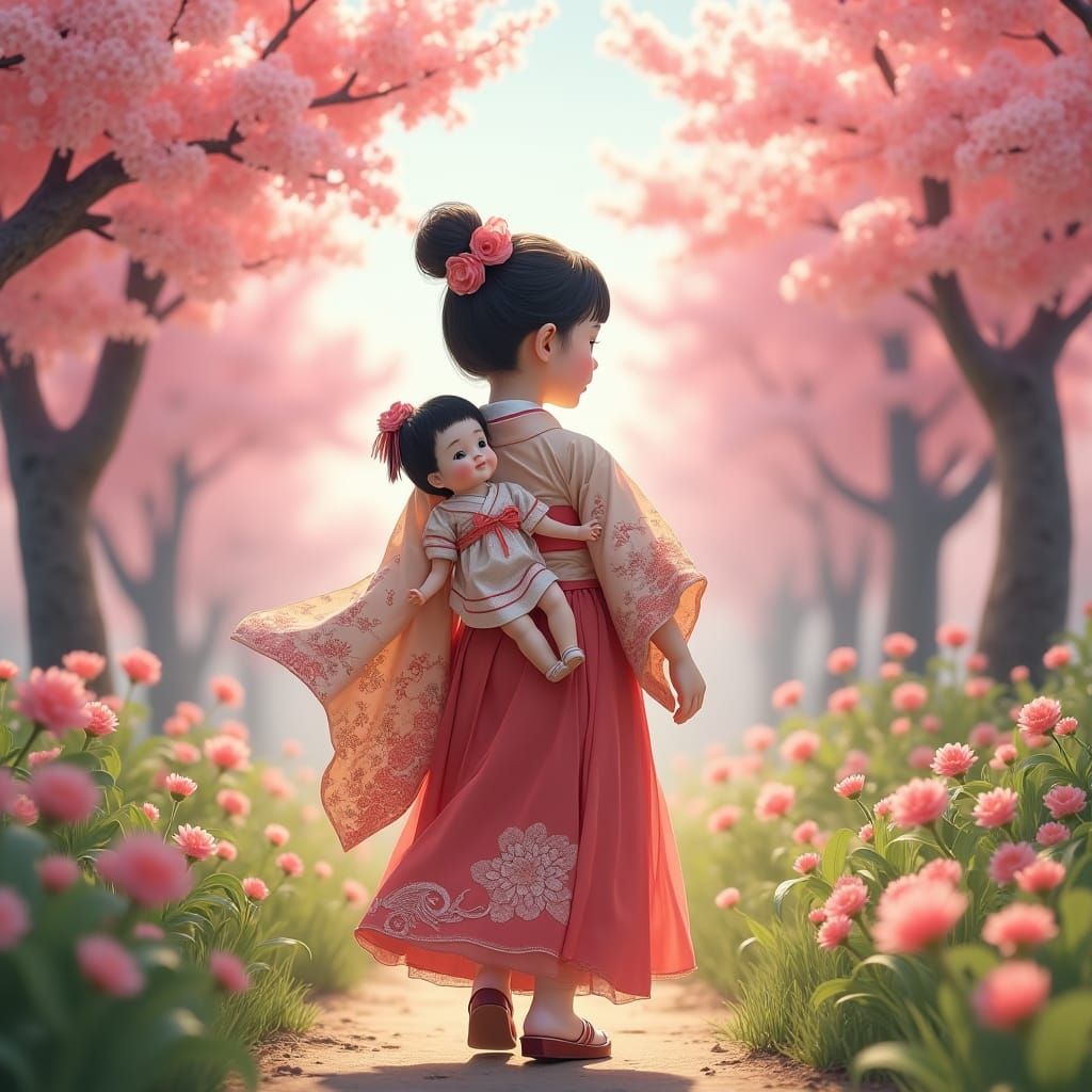 Girl with Doll in Cherry Blossom Garden