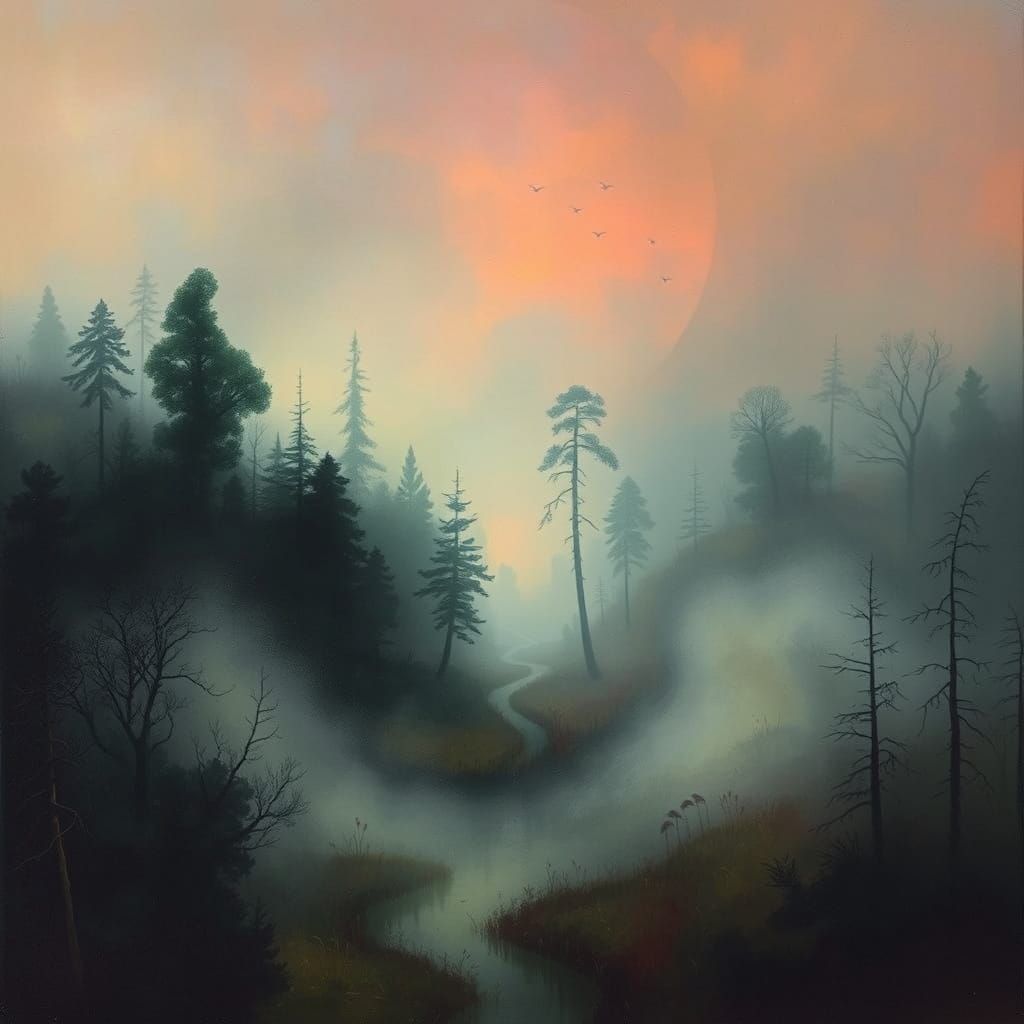 Dreamy Misty Forest Landscape in Vibrant Colors