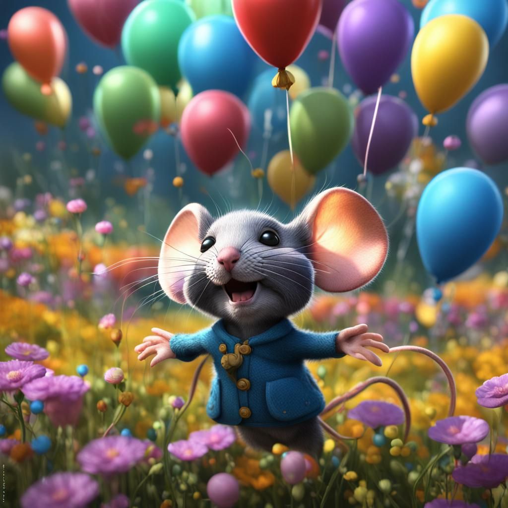 Prompt:  whimsical little mouse hanging onto a bunch of colo...