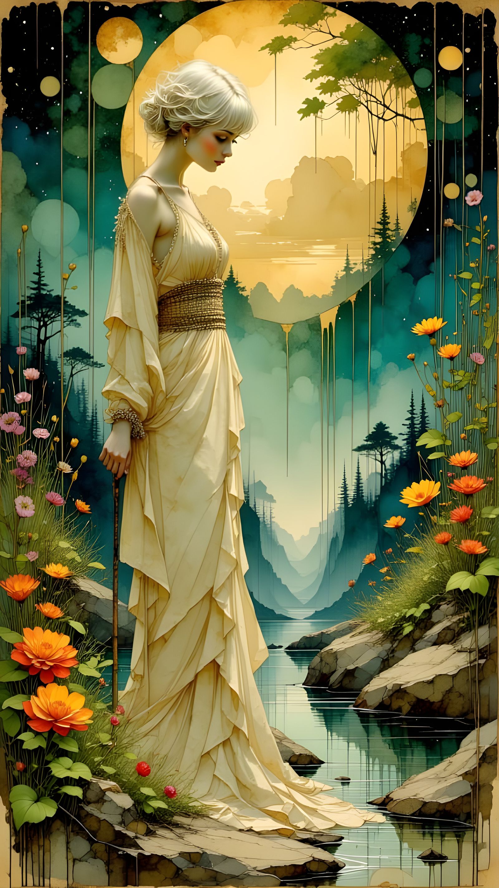 envision a flapper goddess with flowing, waist-length platinum blonde hair, adorned with delicate silver ...  by @yanni