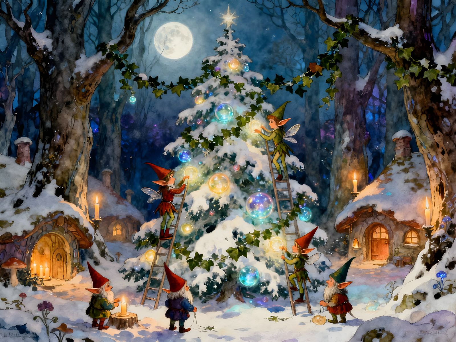 gnomes and elves decorating a Christmas tree in the forest  by @SnowOwl