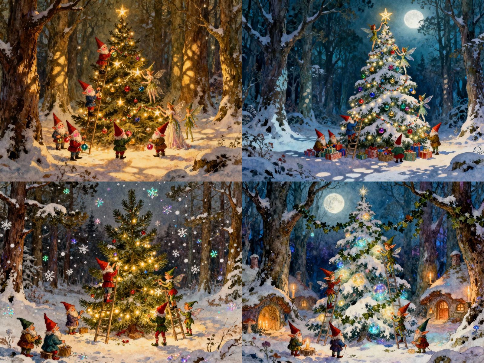 gnomes and elves decorating a Christmas tree in the forest