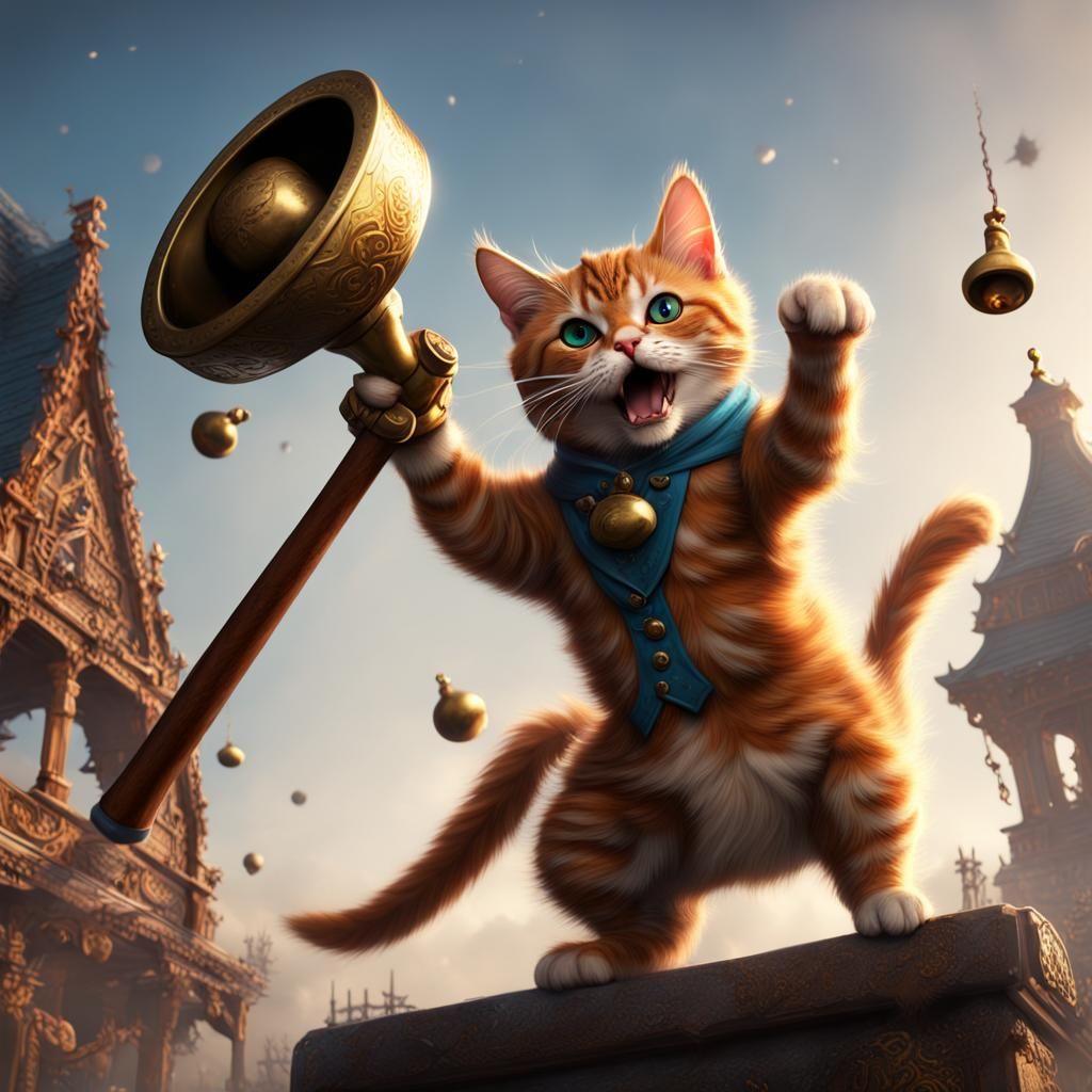 cat hitting a bell with a hammer