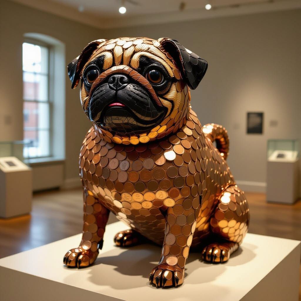 A pug made of pennies on display in a museum.  by @Jamie Sparks