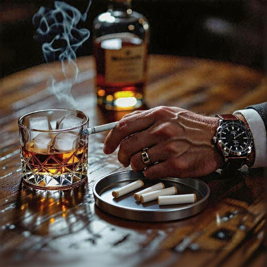 A masculine hand holding a lit cigarette between the fingers while resting on a table top next to an ashtray and a glas of whiskey with ice....