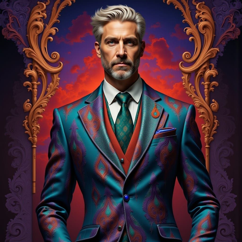 A handsom man wearing a paisley suit <lora:Paisley Powers II:1.0> 