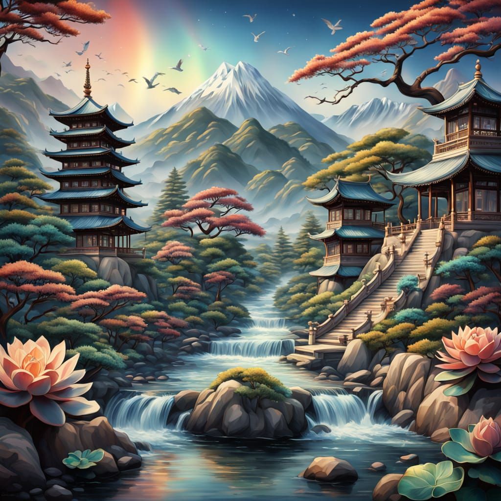 Surreal Japanese Ink Painting on a Scroll with Vibrant Gemst...