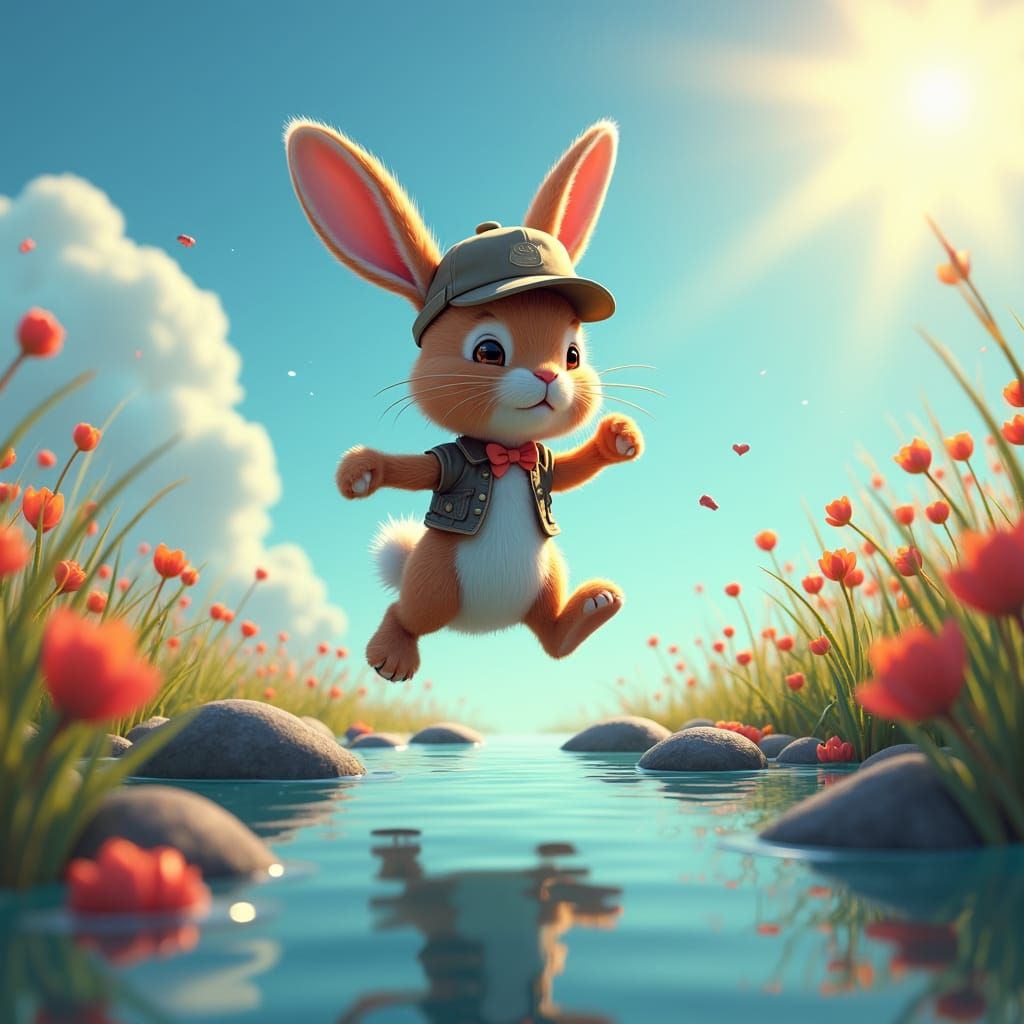 Fantasy Bunny Leaps in Sunlit Puddle