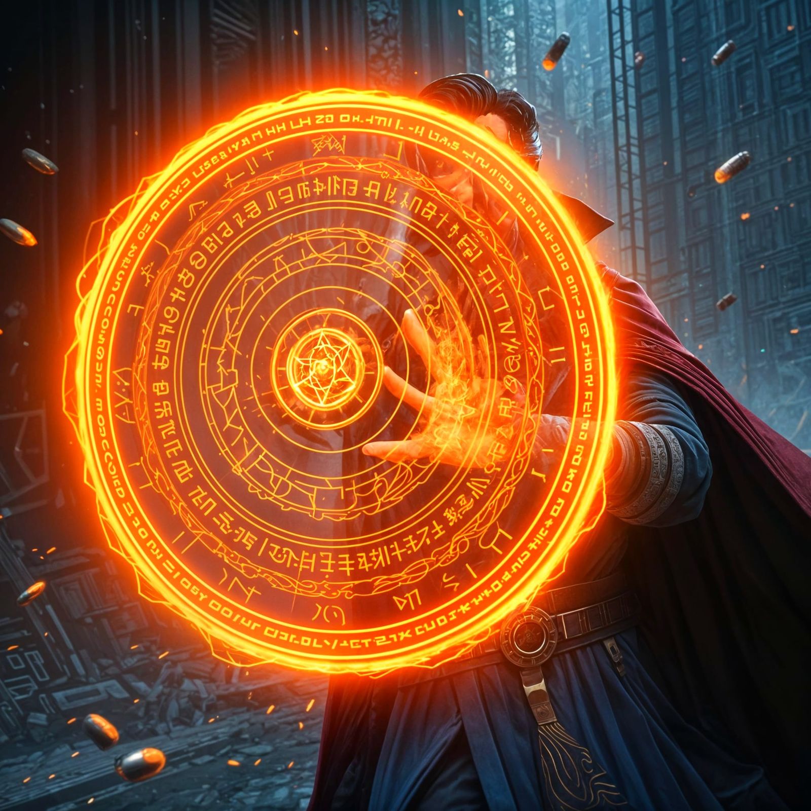 Dr. Strange creates an energy shield made of orange electrical energy and covered with runes in front ...  by @Dantonio