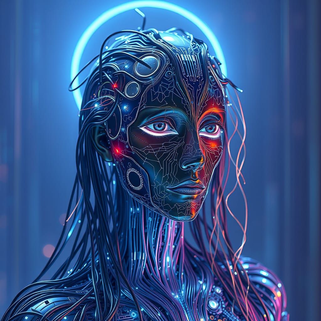 Cyberpunk Circuit Being in Iridescent Code