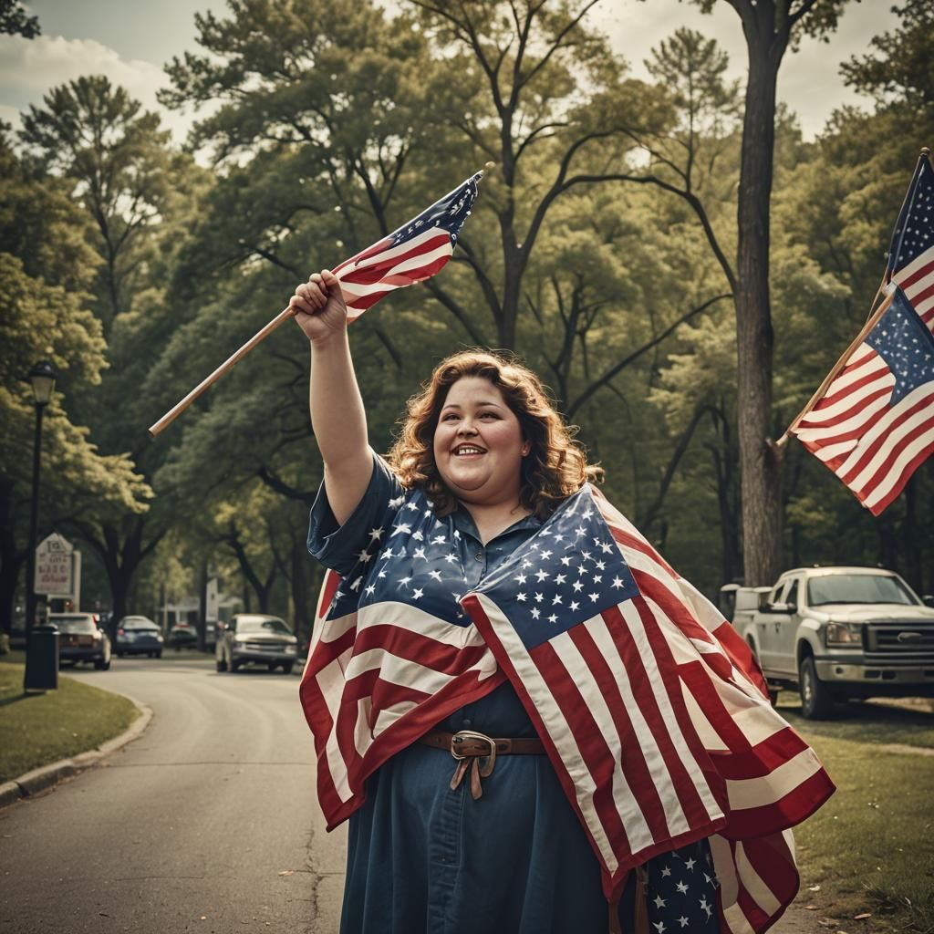 Patriotic American Woman Waving Flag in Cinematic Style