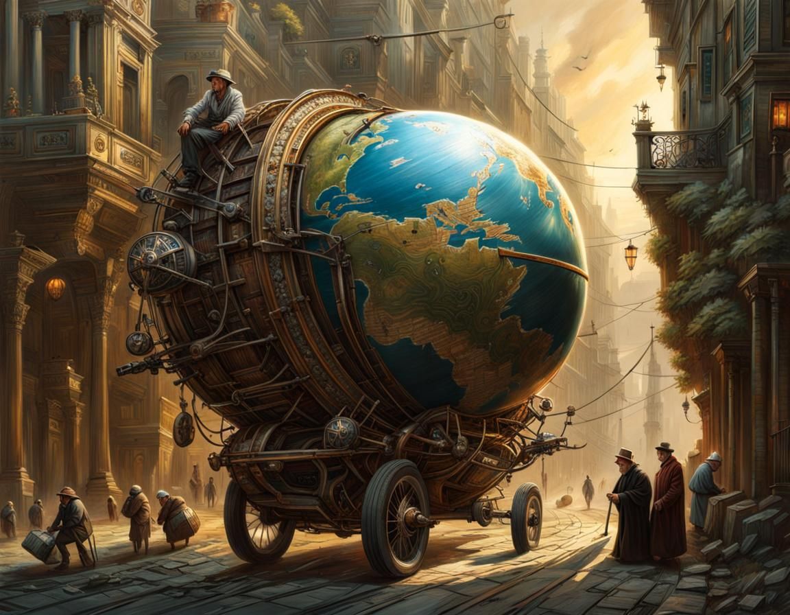 an old, withered man pulling planet earth on wheels, "by alejandro burdisio, aleksi briclot, antonio ...  by @Kindly Offer