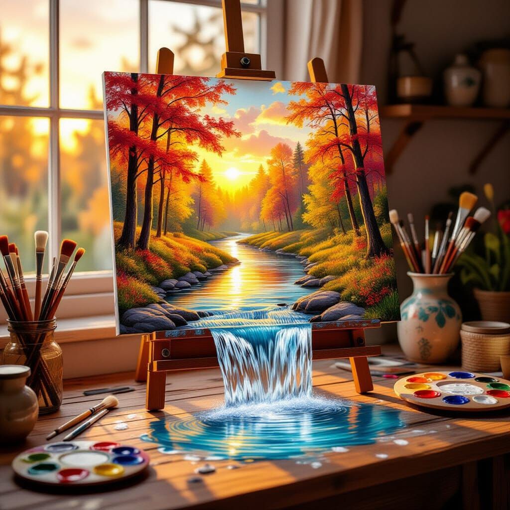 A magical artist’s studio bathed in warm golden sunset light. On a wooden easel stands a hyperrealistic painting of an autumn landscape — a ...