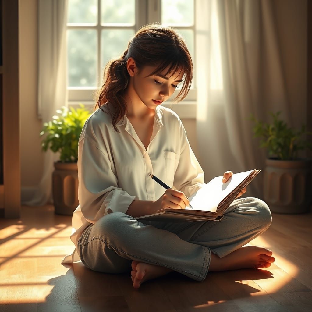 Girl Sketching in Sunlit Room: Fantasy Concept Art