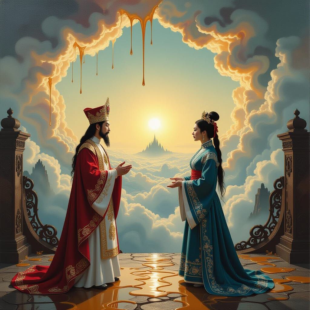 Baroque Saint and Wu Du in Surreal Landscape