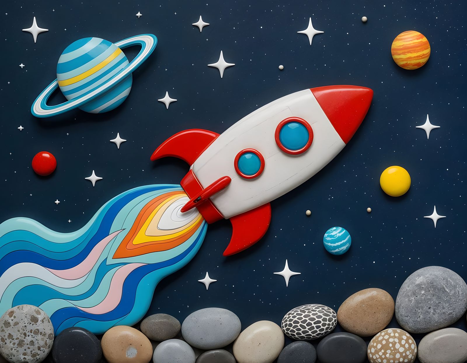 pebble art rockect spaceship flying in space, wave function  by @tsahel