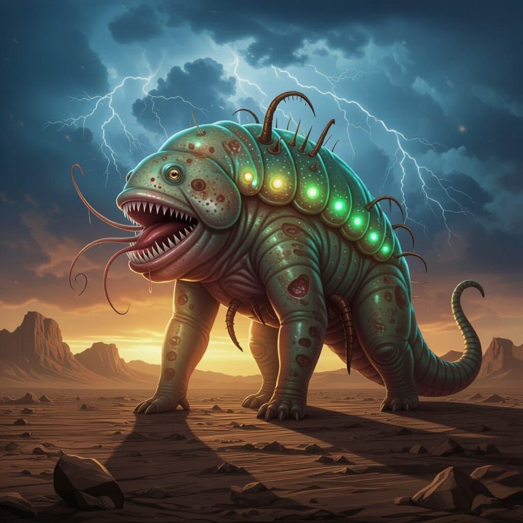 blobfish combined with a 100 foot long slug combined with a giant scorpion combined with a jellyfish that is living on land combined with a ...