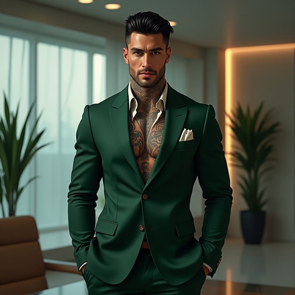 A man with sleek black hair and with brown eyes, defined mus...