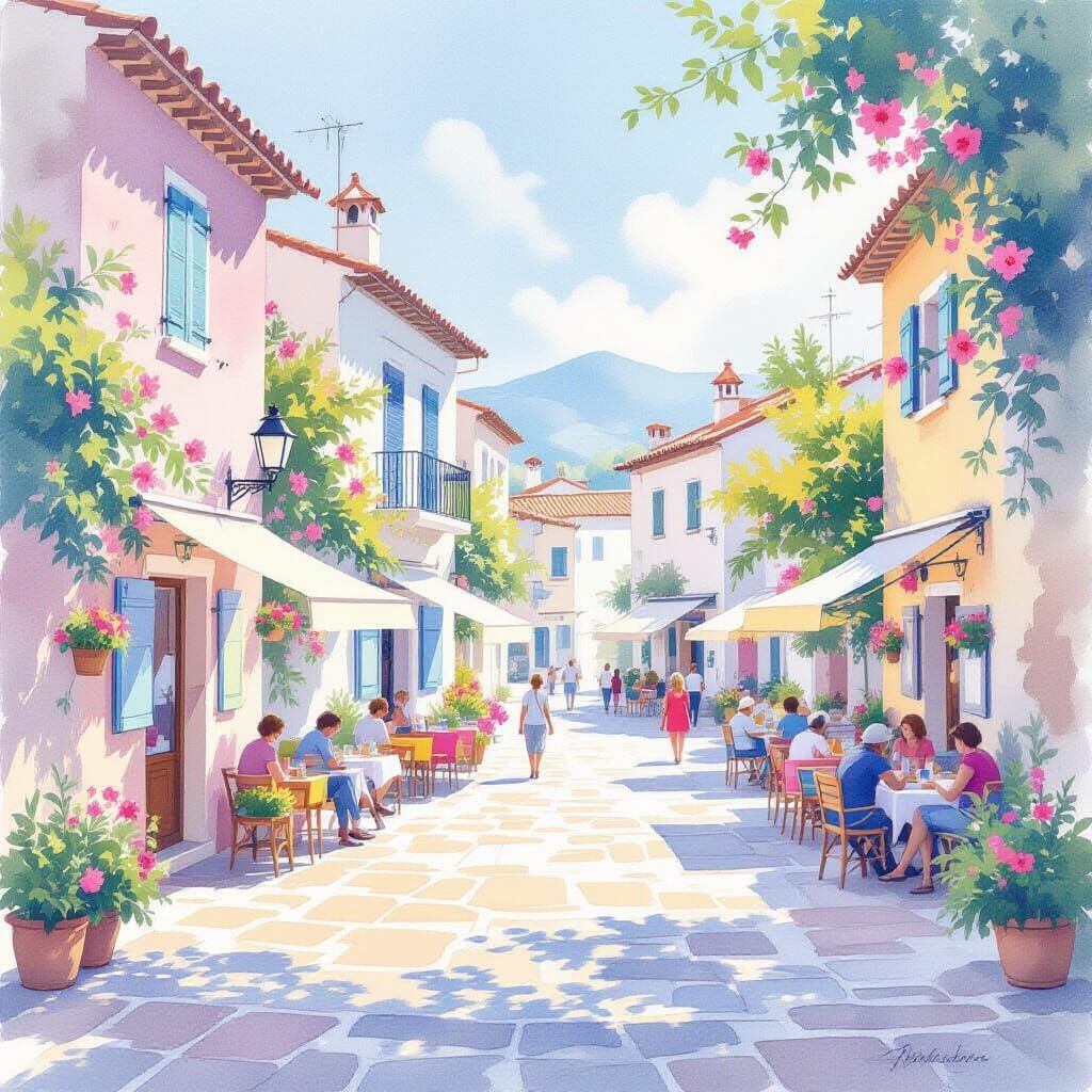 Mediterranean Village in Transparent Watercolor Style