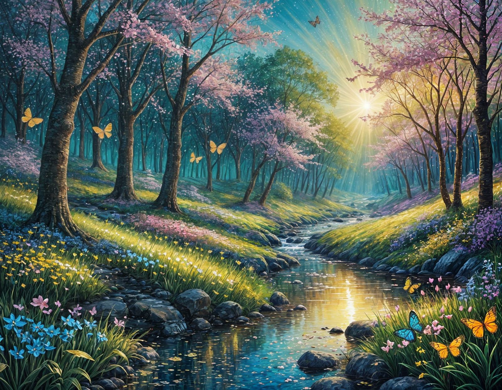 Dreamlike spring landscape painting, golden hour spring lighting with sunlight streams through   by @Dreamer in Hell