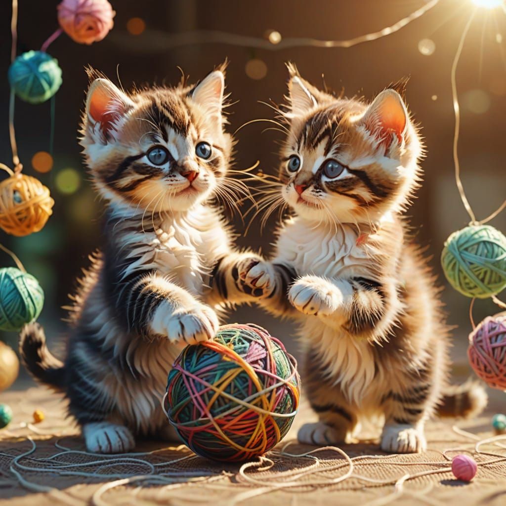 Two cute kittens playing with a ball of string. 