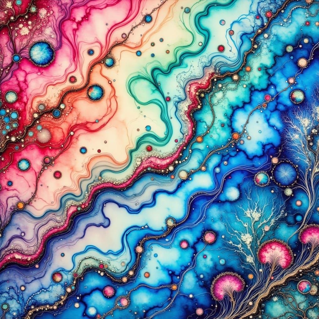 <lora:Alcoholic Inks:1.0> An enchanting underwater scene rendered in the style of alcohol ink, featuring swirling waves of aqua blue, cobalt...