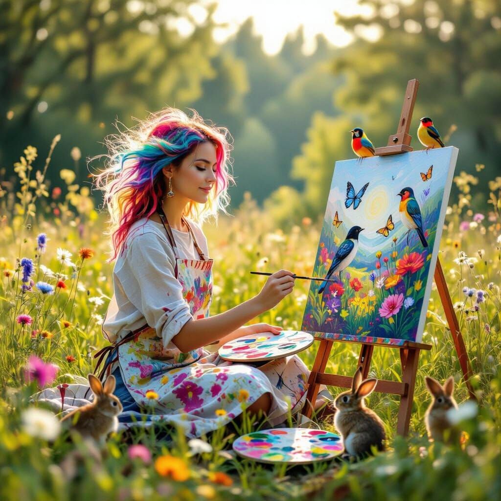 A girl in her 20’s with long, multicolored, windswept hair sits cross-legged in a vibrant meadow surrounded ...  by @Lillian Dobson