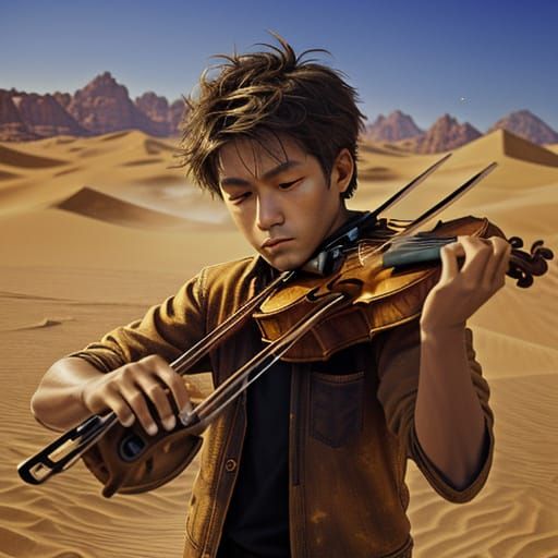 Boy Plays Violin in Desert Landscape Painting