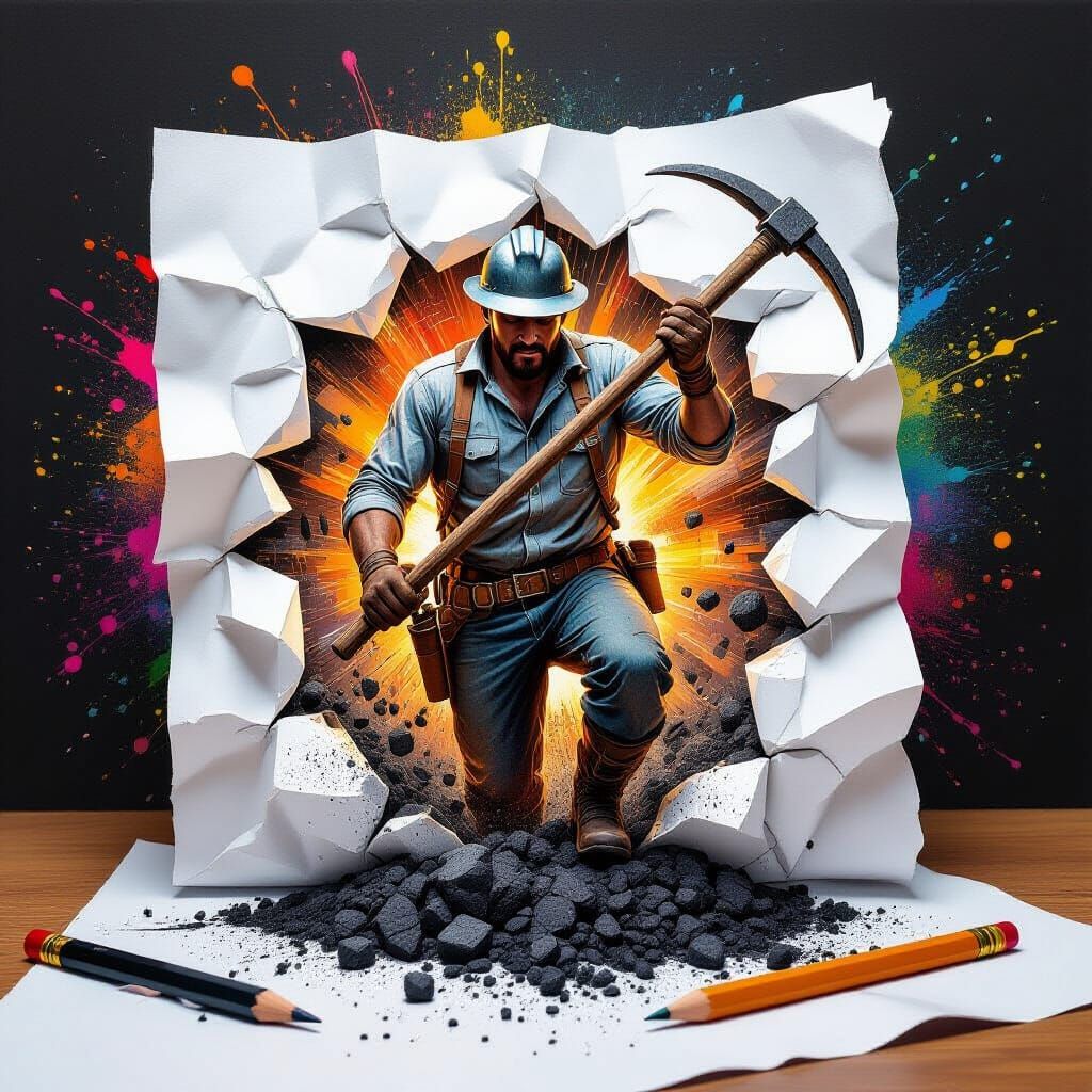 From a black and white pencil drawing on a crumpled sheet of paper emerges a miner who runs with a pickaxe to extract coal, from a pencil ly...