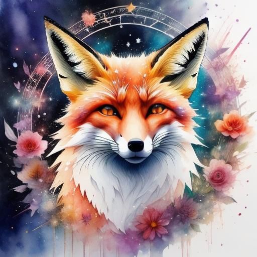 Fox, beautiful flower crown, watercolour, circle, sharp focus, 64 megapixels, perfect composition, crisp resolution <lora:Halo:0.7> 