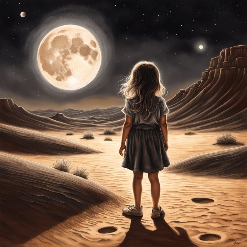 A little girl kneels in the desert, reaching out to a huge detailed moon, its rays illuminating everything around with a magical light.
