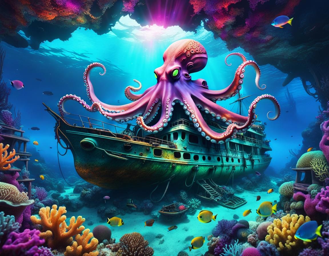 huge octopus, underwater wreck of sail boat, Chtullu, lush u...