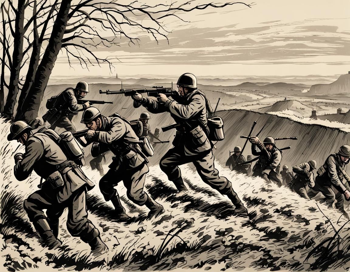 Soldiers fight on the hill in the early day
